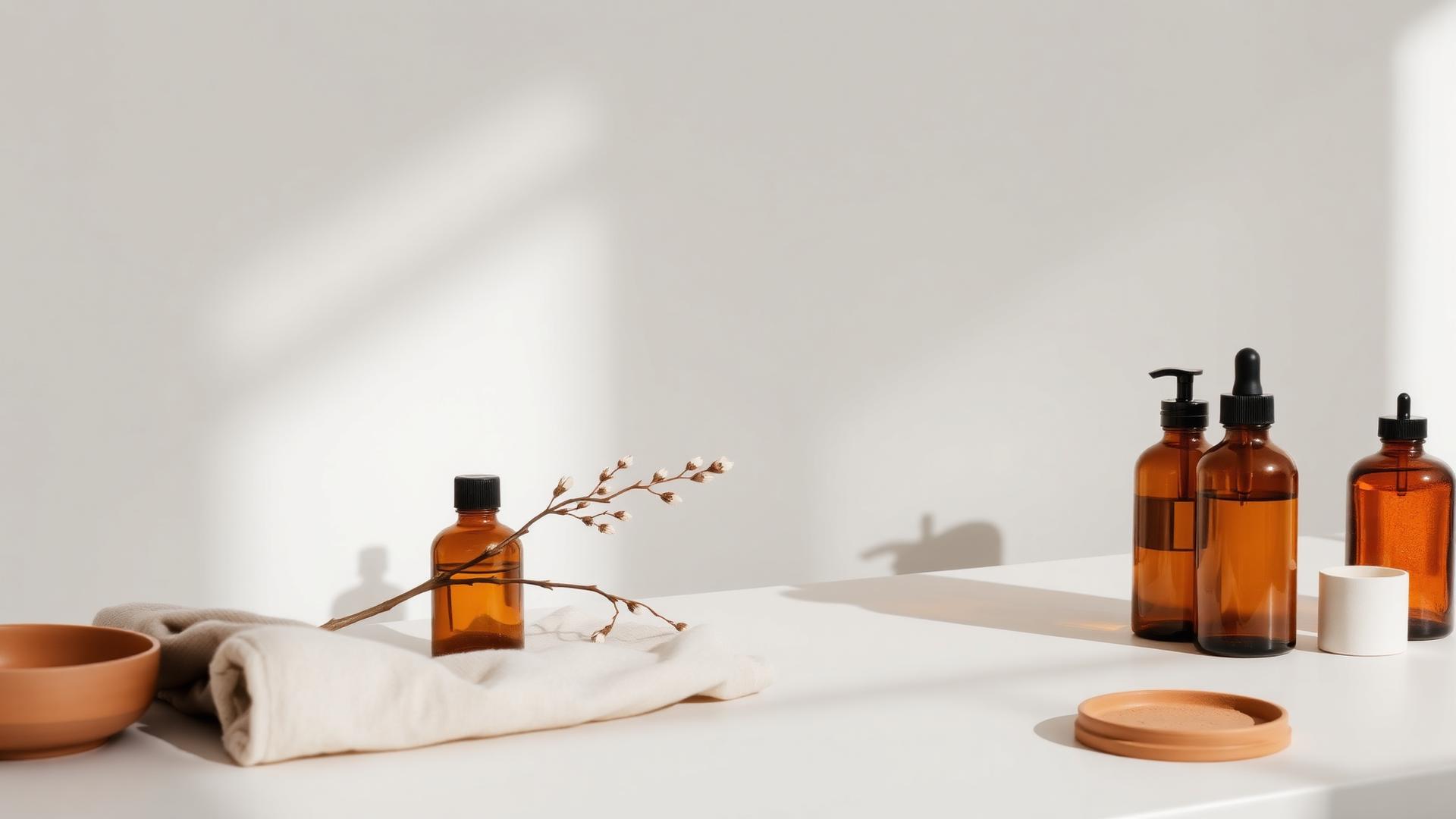 Clinical skincare studio counter with serum bottles